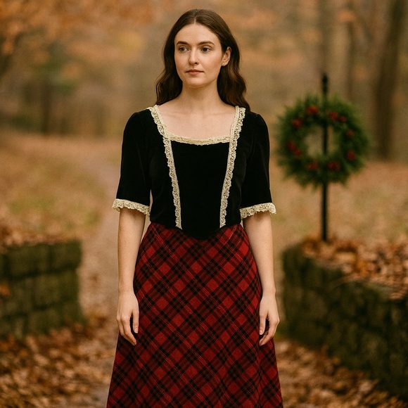 HANDMADE Velvet Lace Trim Top & COLDWATER CREEK Plaid Skirt Set Scottish Holiday - Picture 1 of 14